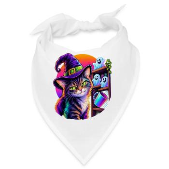 Halloween Katze mit Hexenhut und kippendem Objekt - Bandana - Weiß - Vorne
