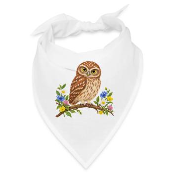 Niedliche Eule auf blühendem Ast - Bandana - Weiß - Vorne