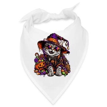 Bunte Halloween Hexenkatze mit Süßem - Bandana - Weiß - Vorne