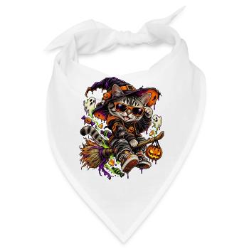 Halloween Hexenkatze auf Besen - Bandana - Weiß - Vorne