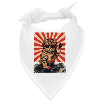 Retro DJ Katze Rot Getigert Plattenspieler - Bandana - Weiß - Vorne