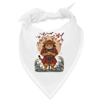 Samurai Katze mit Katana vor roter Sonne - Bandana - Weiß - Vorne