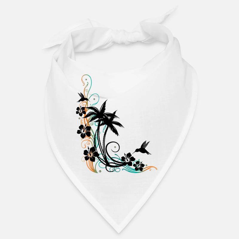 Palm trees with wave, hibiscus and hummingbirds. Bandana