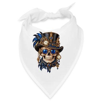 Totenkopf, Totenkopf, Steampunk-Hut, blaue Federn - Bandana - Weiß - Vorne