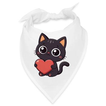 Kawaii schwarze Katze hält ein rotes Herz - Bandana - Weiß - Vorne