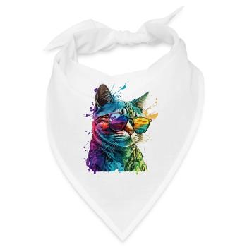Katze Mit Sonnenbrille Splash Bunt Tier Kunst - Bandana - Weiß - Vorne