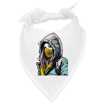 Kapuzenfrau trägt eine Gesichtsmaske mit einem gelben - Bandana - Weiß - Vorne