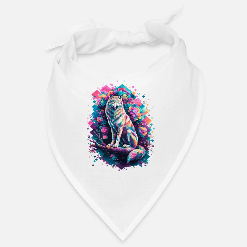 Loup coloré avec des fleurs et des formes géométriques Bandana