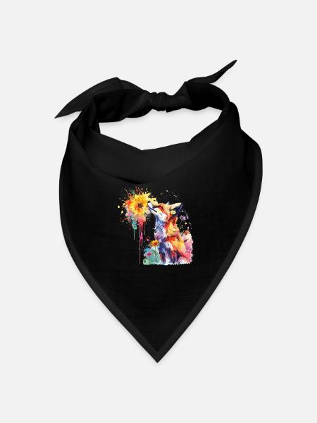 Fuchs mit Aquarellblume, Fuchs - Bandana Dreieckstuch - Schwarz