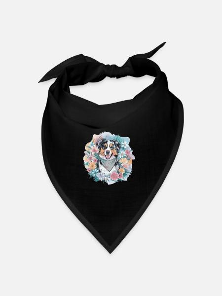 Australian Shepherd mit Blumen - Bandana Dreieckstuch - Schwarz