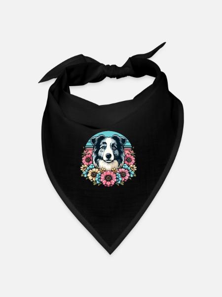 Border Collie Retro Pastell Blumen blue merle - Bandana Dreieckstuch - Schwarz