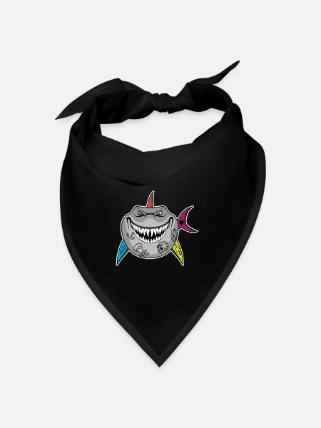 Tattooierter Hai-Cartoon mit Totenkopfflossen - Bandana Dreieckstuch - Schwarz
