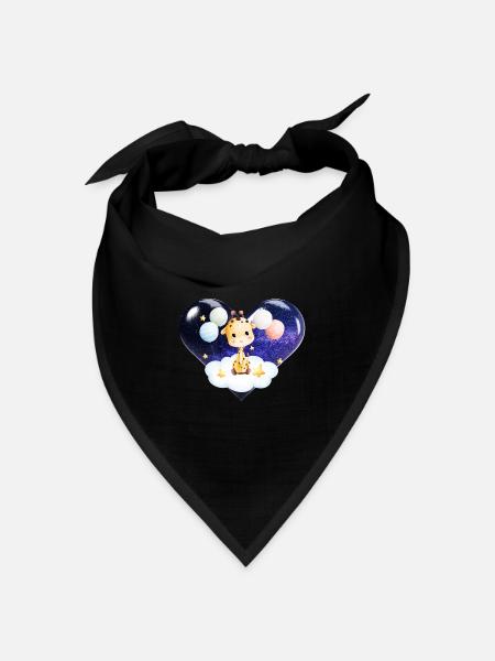 Giraffenbaby mit Wolkensternen, Luftballons und Herz - Bandana Dreieckstuch - Schwarz