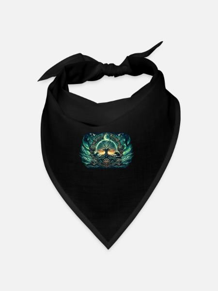 Mystischer Lebensbaum mit Wölfen und Nordlichtern - Bandana Dreieckstuch - Schwarz