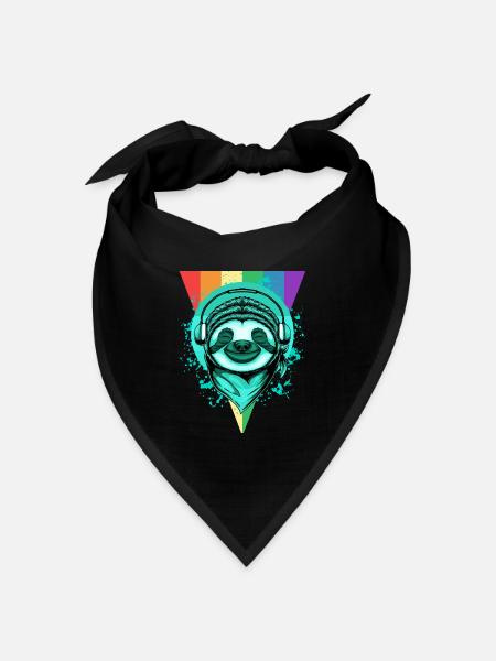 Faultier mit Kopfhörern & Regenbogen - Bandana Dreieckstuch - Schwarz