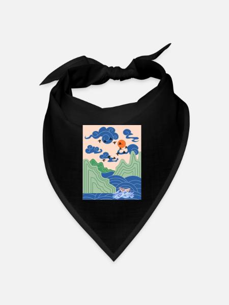Korean Art Design mit Kranichen & Origami Boot - Bandana Dreieckstuch - Schwarz