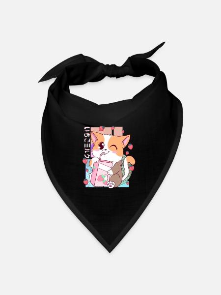 Süße japanische Kawaii Katze Erdbeermilch Shake Nek - Bandana Dreieckstuch - Schwarz