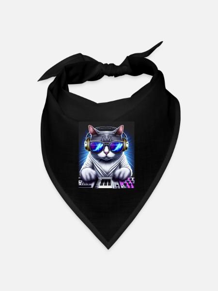 Cat DJ mit Kopfhörern und Brille auf Synthetizer - Bandana Dreieckstuch - Schwarz