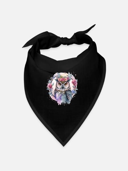 Watercolor Owl Flower Crown Artistic Floral Birds - Bandana Dreieckstuch - Schwarz