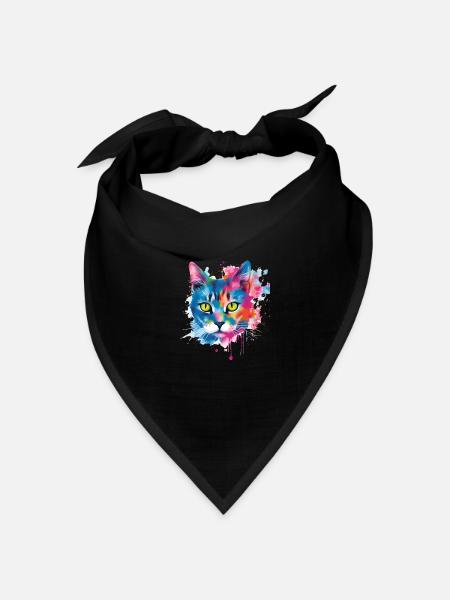 Abstrakte farbige Katze mit grünen Augen - Bandana Dreieckstuch - Schwarz