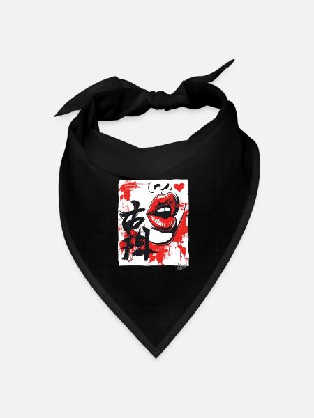 Japanische Herzen: Kuss-Mund und Lippen - Bandana Dreieckstuch - Schwarz