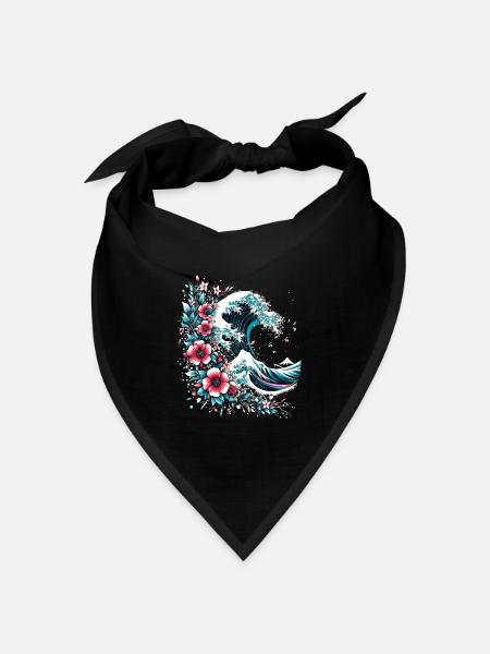 große Welle vor Kanagawa mit Blumen - Bandana Dreieckstuch - Schwarz
