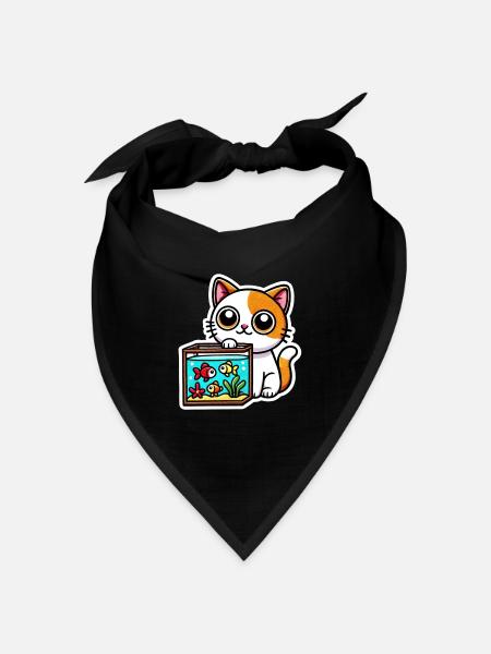 Süße rotweiße Katze sitzt am Aquarium - Bandana Dreieckstuch - Schwarz