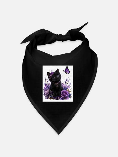Lila-Schwarze Katze und Blumenschmetterling - Bandana Dreieckstuch - Schwarz