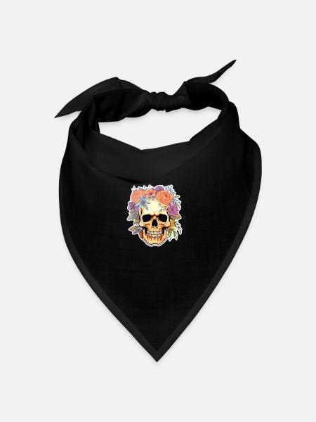 Menschlicher Schädel & Blumen 15 - Bandana Dreieckstuch - Schwarz