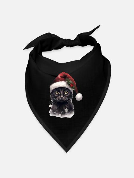 Schwarze Katze mit Weihnachtsmütze, T-Shirt, Tasse - Bandana Dreieckstuch - Schwarz