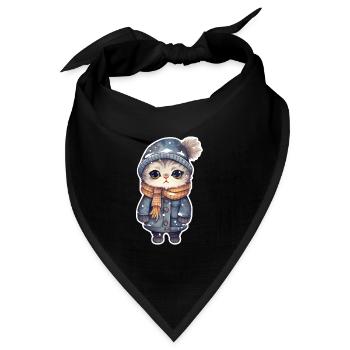 Katze mit Mütze, Schal und Jacke - Bandana Dreieckstuch - Schwarz - Vorne