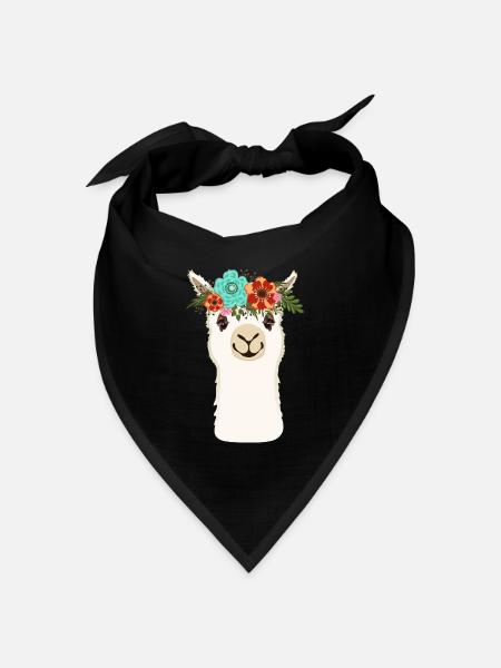 Alpaka mit Blumen - Bandana Dreieckstuch - Schwarz