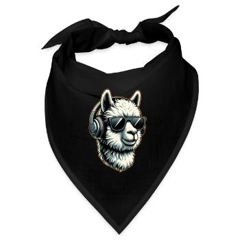 Alpaka Lama mit Kopfhörern und Sonnenbrille - Bandana Dreieckstuch - Schwarz - Vorne