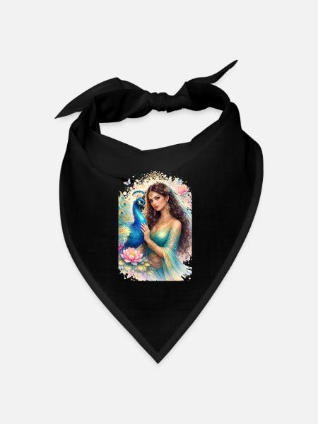 Elegante Frau mit Pfau und Lotusblüte - Bandana Dreieckstuch - Schwarz
