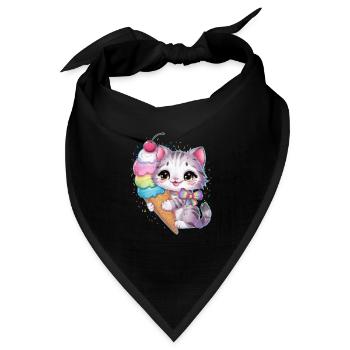 Süße Cartoon Katze liebt Waffel Eis - Bandana Dreieckstuch - Schwarz - Vorne