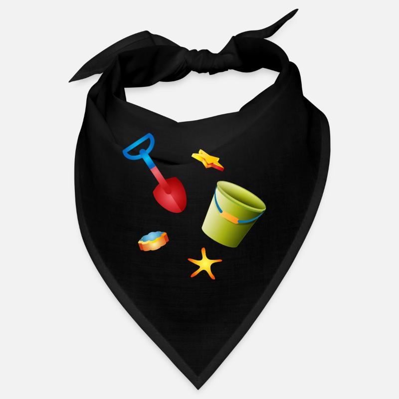 Bunte Schaufel und Eimer mit Förmchen am Strand Bandana