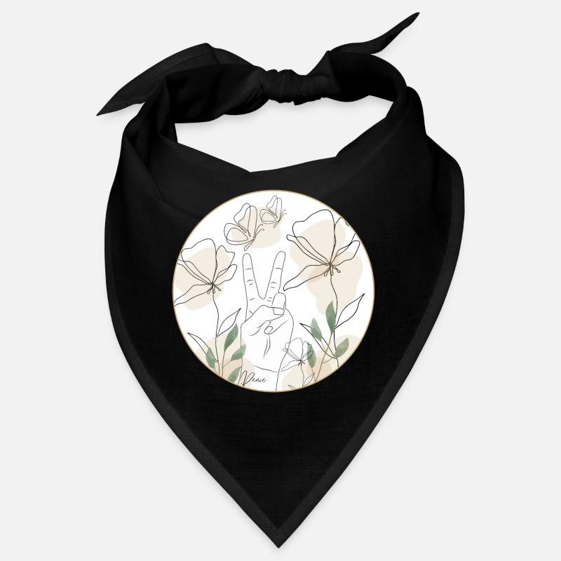 Frieden - Hand und Blüten - Linienkunst - peace - Bandana - Schwarz