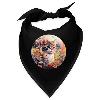 Katze in Blumenwiese - Aquarell - Bandana - Schwarz - Vorne