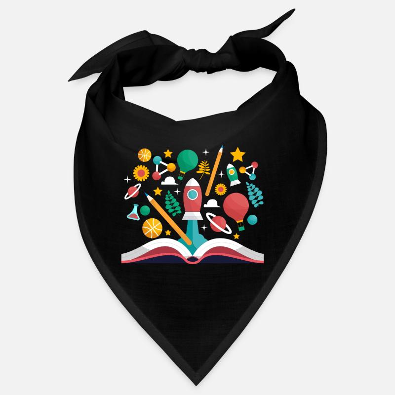 Offenes Buch mit Schulobjekten, Lernen und Pädagogik Bandana