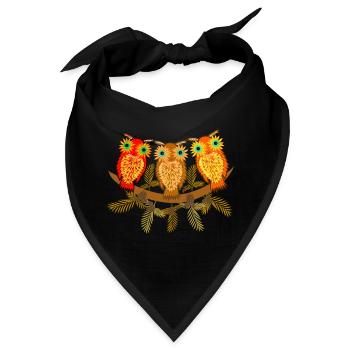 Drei bunte Eulen mit Kiefernzweigen - Bandana - Schwarz - Vorne