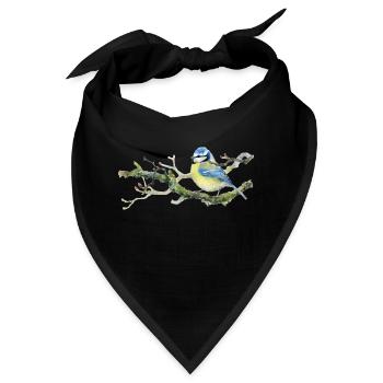 Liebevoll handgemalte Blaumeise auf einem Zweig - Bandana - Schwarz - Vorne