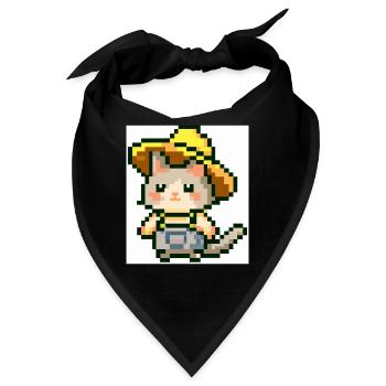 Katze mit Farmerhut, Farmer, Latzhose, pixelart - Bandana - Schwarz - Vorne