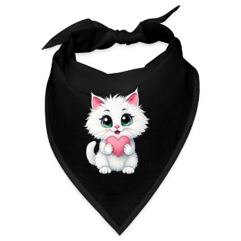 Cute White Cat Holding A Heart 1 - Bandana - Schwarz - Vorne