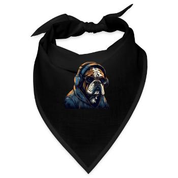 Cooler Hund Bulldogge mit Kopfhörern und Klamotten - Bandana - Schwarz - Vorne
