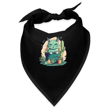 Grüne Katze im Blumentopf mit Kaktus und Kürbis - Bandana - Schwarz - Vorne