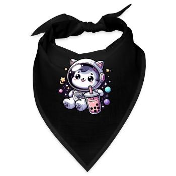 Kawaii Katze Astronaut Bubble Tea Im Weltraum - Bandana - Schwarz - Vorne