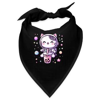 Kawaii Katze Astronaut Bubble Tea Im Weltraum - Bandana - Schwarz - Vorne