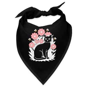 Cottagecore Idylle: Schwarze Katze mit Blumen und - Bandana - Schwarz - Vorne