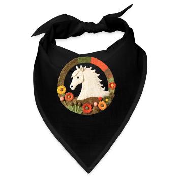 Gesticktes Pferdemotiv im Blumenkreis - Bandana - Schwarz - Vorne