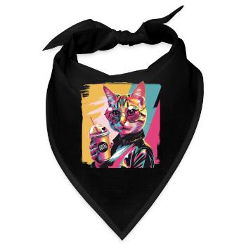Popart Katze mit Lederjacke und Kaffee - Bandana - Schwarz - Vorne